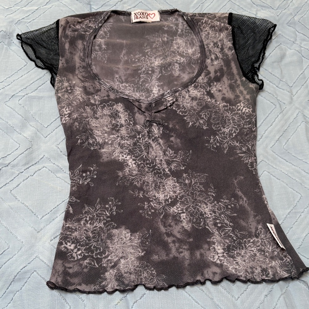 XOXO Black and Gray Floral Mesh Top